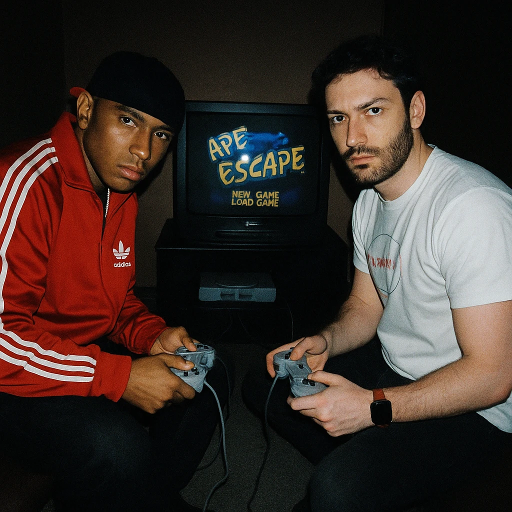 Create a 90s analog photo featuring a famous rapper (not recognizable) and the boy from the reference photo sitting in front of a CRT TV with Ape Escape on Playstation 1. The room is dark, both hold controllers, and they look at the camera with flash, creating a grunge atmosphere. emoji