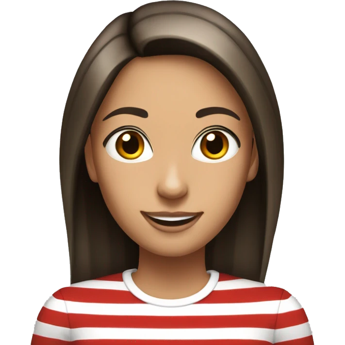 Portrait of an adult girl, tanned skin, dark long straight hair, dark eyes, smiling, wearing a white long sleeve with red horizontal narrow stripes. emoji