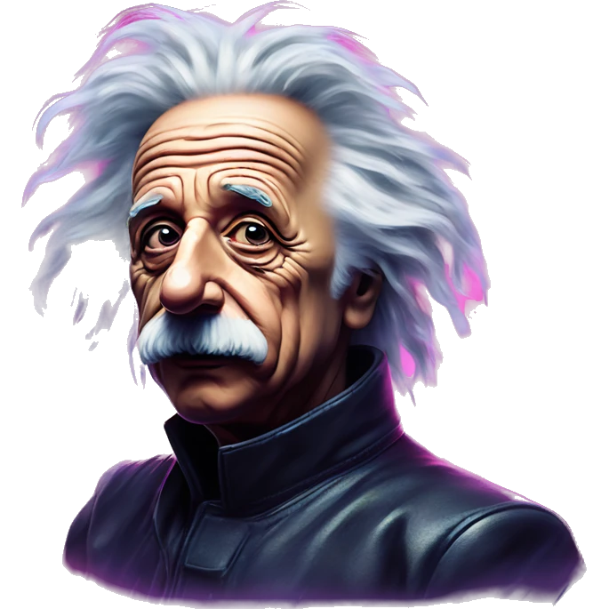 Synthwave Einstein in bladerunner style, oil paint, epic eyes, intricate lips, exquisite pose emoji