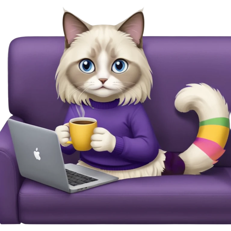 a cute blue eyed brown and white ragdoll cat with white paws and brown and beige tail wearing the dark violet sweater with yellow letteting "Milena" sitting on a grey sofa with grey laptop branded lettering "Lenovo" and drinking coffee emoji