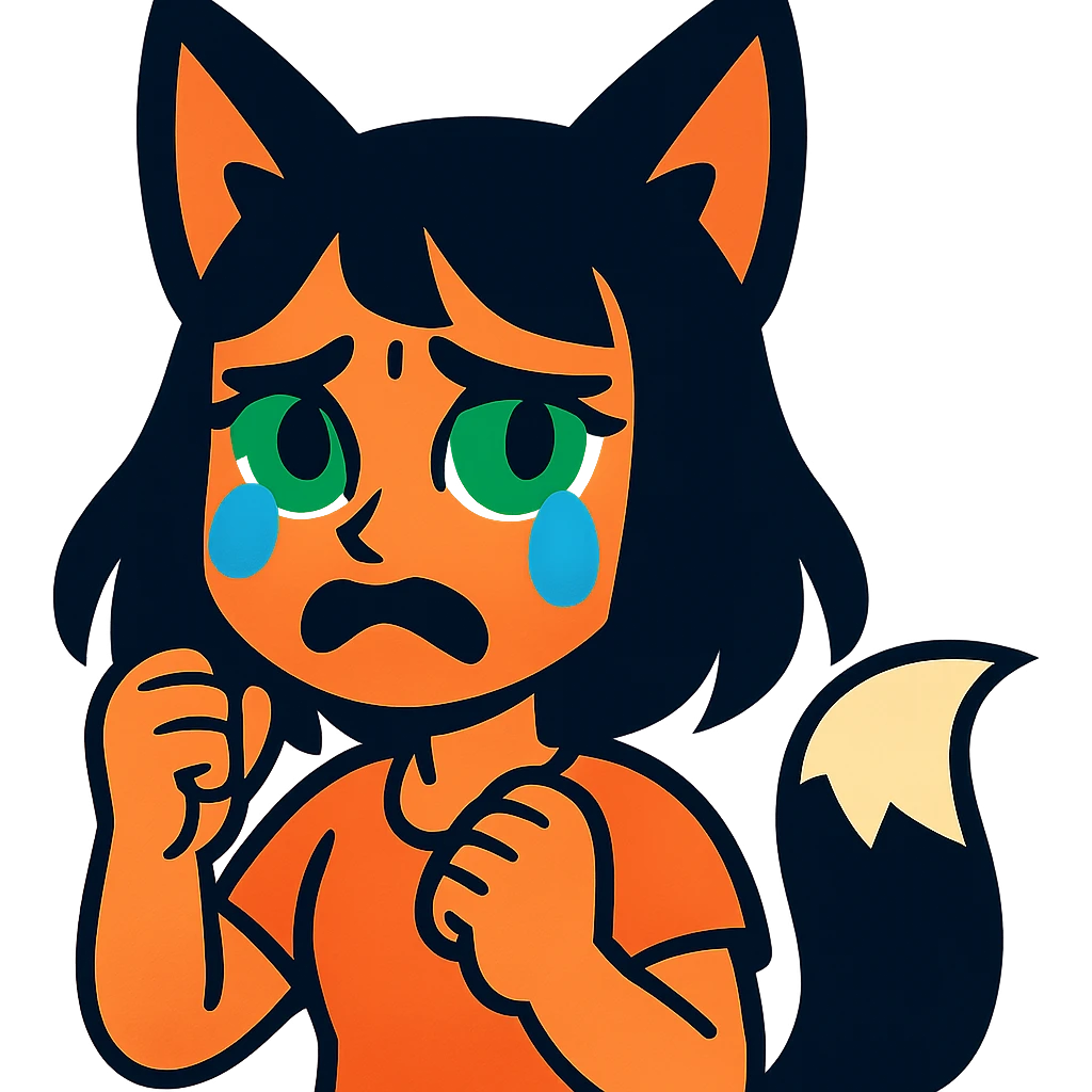 A girl with tears, black fox ears, and a tail, green eyes, dark hair emoji