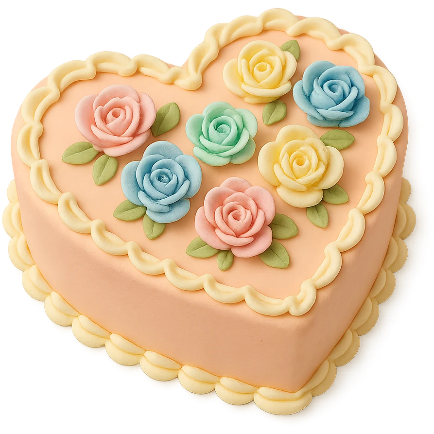 heart-shaped fondant cake with piped buttercream flowers emoji