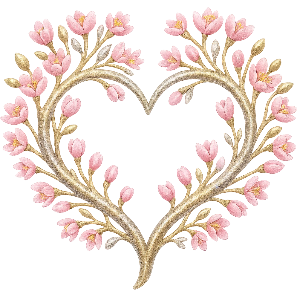 Add a shimmer effect to the gold and silver details on the heart entwined with sakura branches in the style of apple emojis, no background. emoji