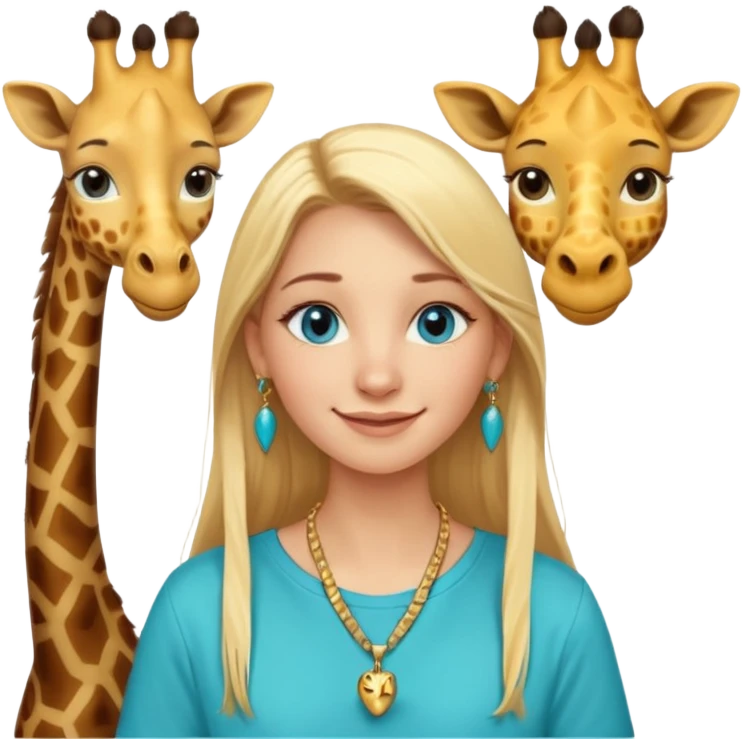 Swedish girl blonde long straigt hair blue eyes turqoise shirt gold earings girrafe necklace gold small long lashes smiling closed mouth emoji