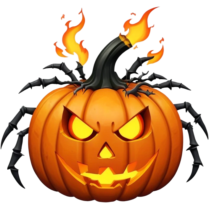 a scary metal pumpkin with poisonous shards with claws and a dangerous face, emiting fire from its ears and hands emoji