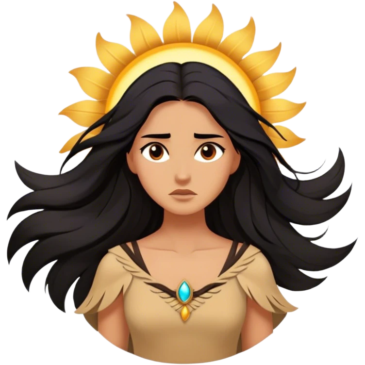 Cinematic Stunning Pocahontas Portrait Emoji, Windswept raven hair flowing behind her, deep brown eyes filled with wisdom and strength, glowing sun-kissed skin, wearing her elegant tan dress, the spirit of the wild in her expression, breathtakingly majestic! emoji