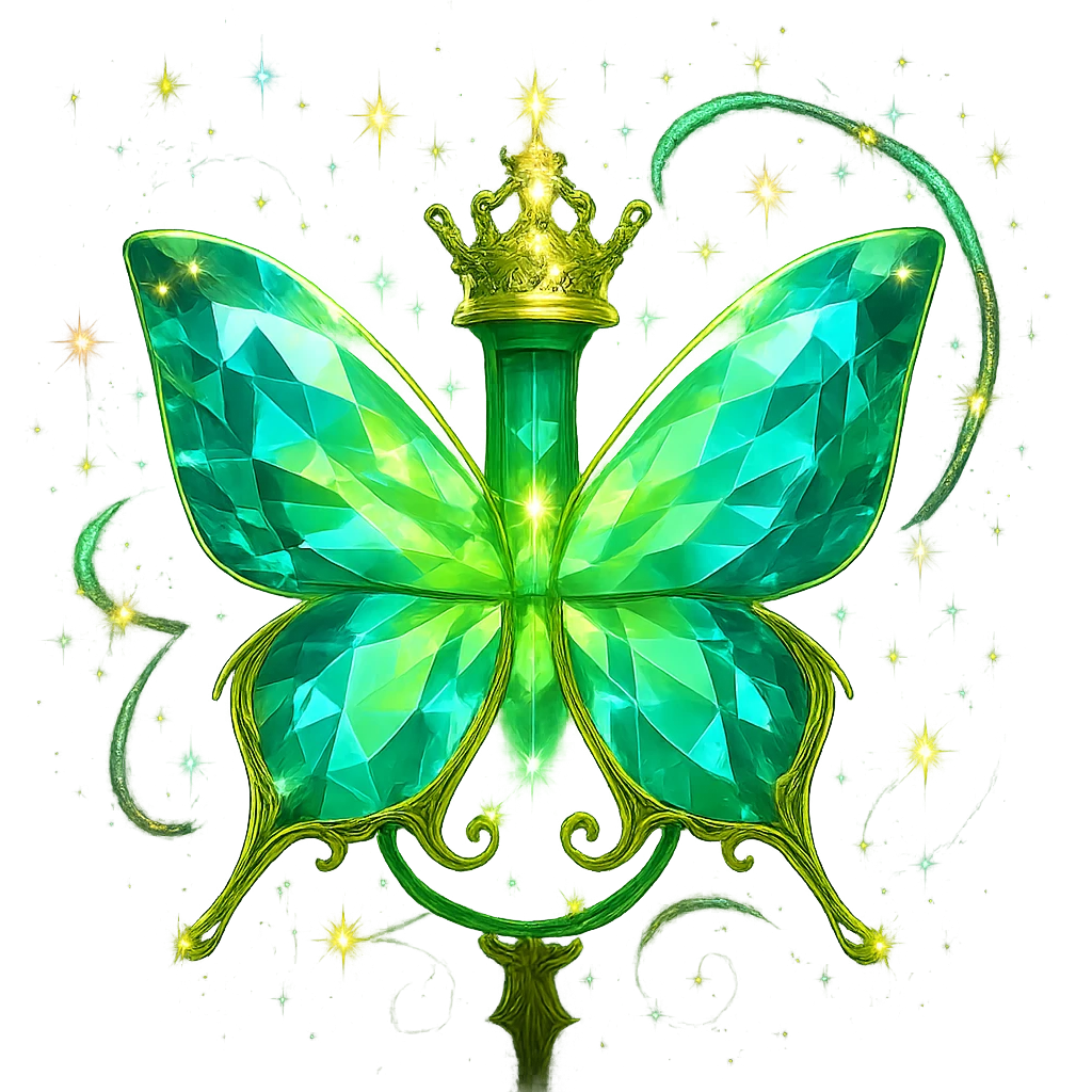 Surround the butterfly with extra intense, elegant magical sparkles and glowing effects, similar to the most luxurious effects on the previous bottles. Do not change the butterfly itself, only add more magical, floating, iridescent sparkles and glowing energy around it. Transparent background, no shadow or base. emoji