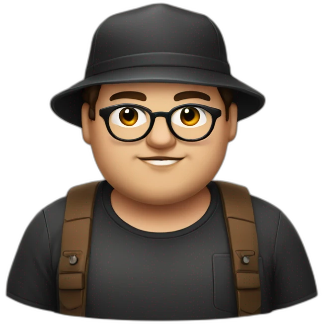 chubby guy, black cap, black glasses, ring nose, Brown eyes, nice lips emoji