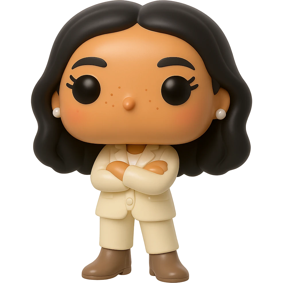 Enhance the vinyl figure in Funko Pop style with superior quality, luminous smooth tanned skin, detailed dark hair, textured feminine cream suit (jacket and pants), small pearly earrings, greige leather boots clearly visible, arms crossed, rosy cheeks, very discreet freckles, eyelashes, mischievous and cheerful expression, no mouth, transparent background. emoji