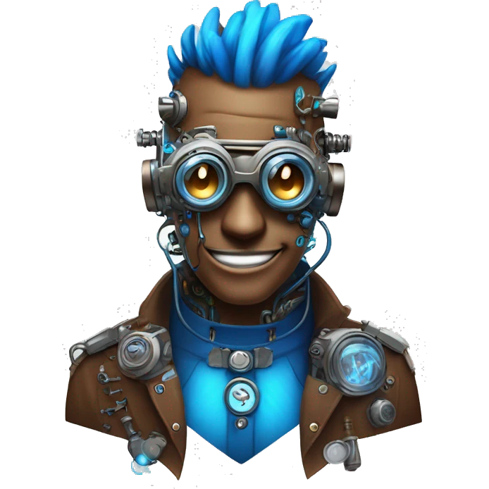Brown cyborg head with blue Mohawk, blue beard, silver steampunk monocle goggles a smile and circuits emoji