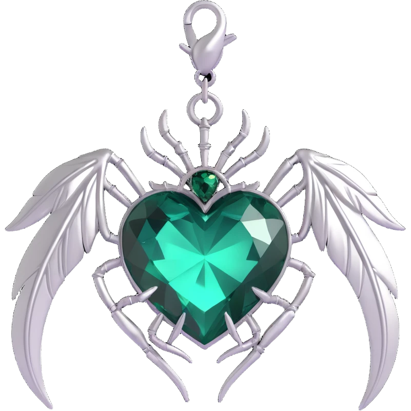 gothic heart, dark emerald crystal, silver spider charm, feather accents, lush and gothic emoji