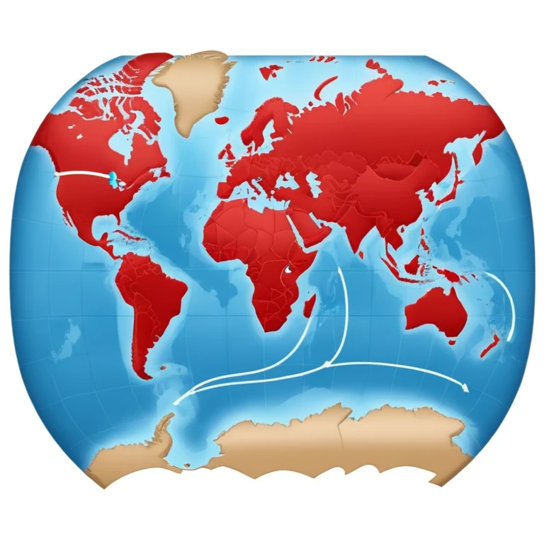 world map with a red travel route line showing a journey across continents emoji
