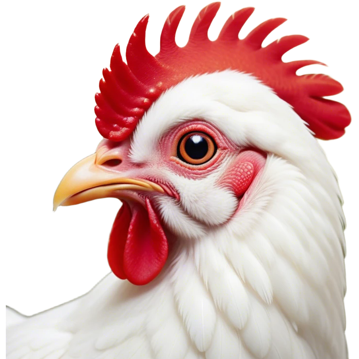 Cinematic Cute White Chicken Portrait Emoji, Head tilted playfully and inquisitively, featuring smooth, immaculate white feathers and a delicate red comb, round, sparkling beady eyes filled with curiosity, Simplified yet irresistibly adorable features, highly detailed, glowing with a warm, friendly glow, high shine, affectionate and lively, stylized with a touch of farmyard whimsy, bright and endearing, soft glowing outline, capturing the essence of a mischievous yet loving chicken, so playful it feels like it could peck out of the screen and into your arms! emoji