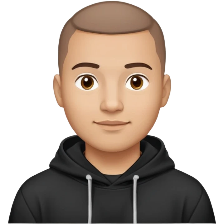 Latino man with light brown warm skin, round face, full cheeks, soft jaw, slight friendly smile, very very short almost buzz cut hair, medium eyebrows, medium eyes, straight nose, medium lips, wearing black hoodie with white logo, practical and hardworking vibe emoji