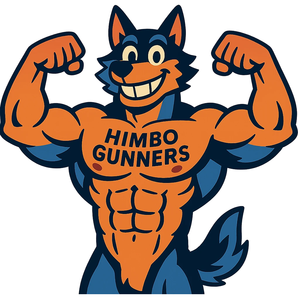 extremely muscular wolf furry, no t-shirt, 'Himbo Gunners' tattooed across his chest, flexing pose, big friendly grin emoji