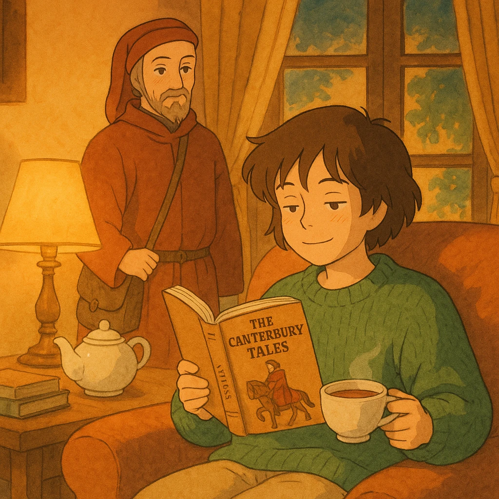 cozy scene of a person reading the Canterbury Tales and drinking tea, Chaucer in medieval attire standing behind, warm lighting emoji