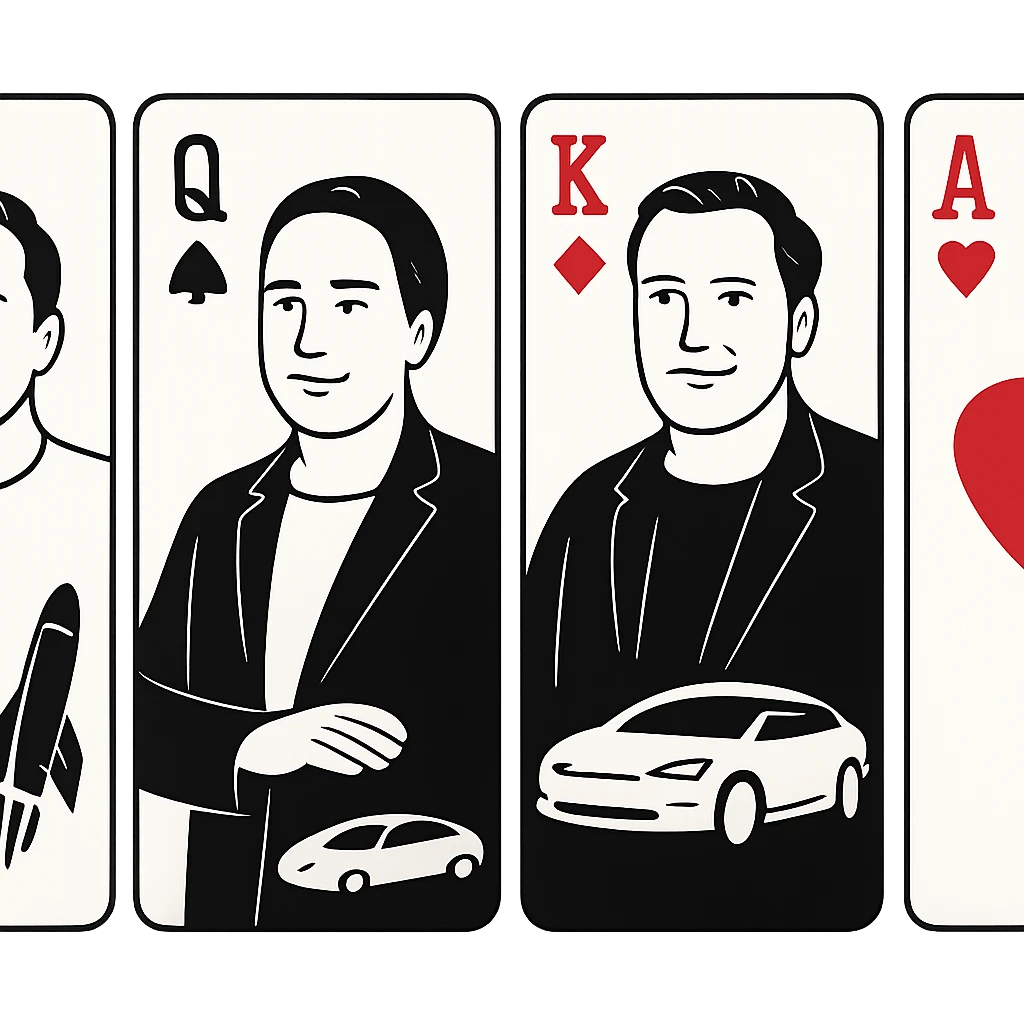 Elon Musk with space rocket and electric car symbols, playing card style, tech innovator portrait emoji