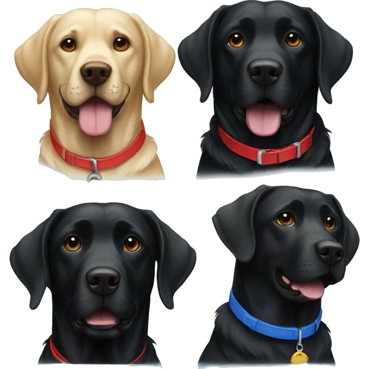 two black labradors together. one with red collar. one with blue collar. emoji
