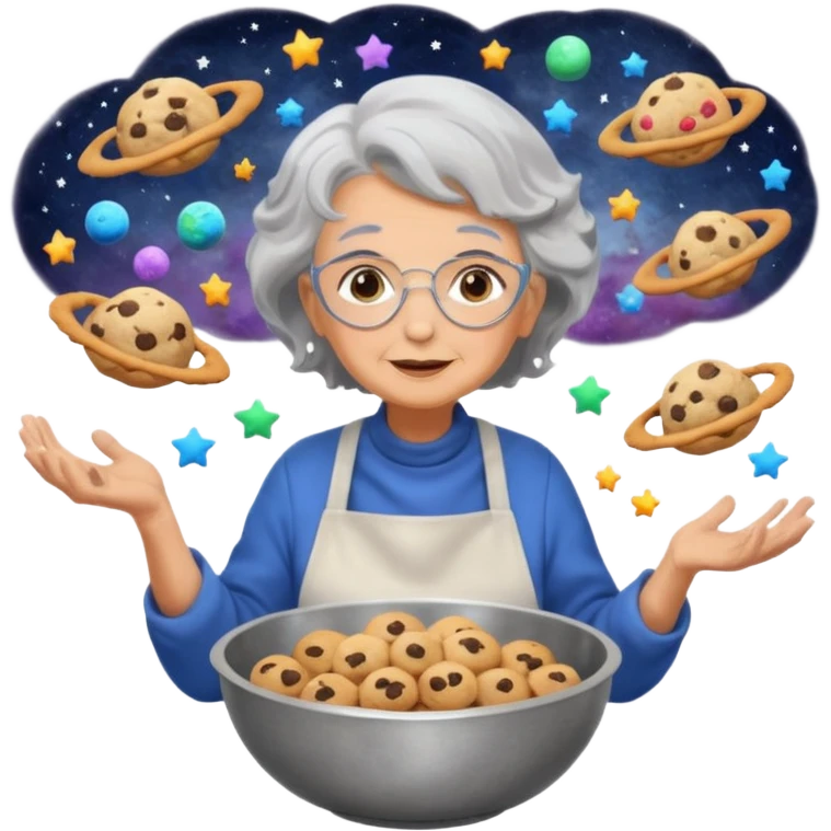 Portrait of a cosmic grandma baking cookies among stars and galaxies, swirling nebula flour clouds, planetary mixing bowls, surreal space setting, emoji-style emoji