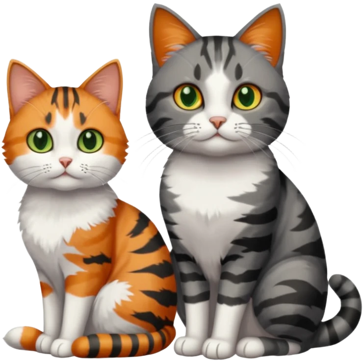 A grey tabby cat with dark grey stripes and green eyes sitting next to a calico cat with orange eyes emoji