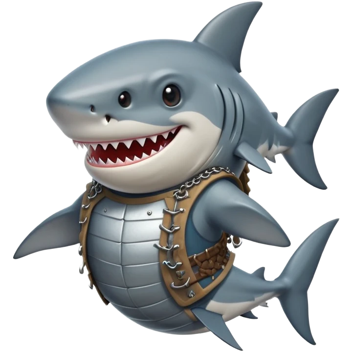 Anthropomorphic shark without head fins, wearing a gambeson and chainmail coif with messy black hair smiling emoji