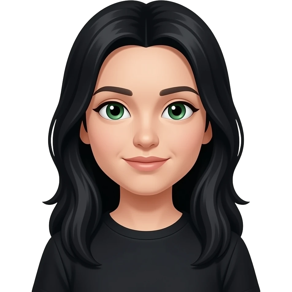 long black hair green eyes wearing black T-shirt, 17c face emoji