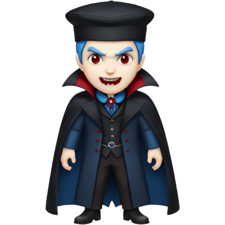 Vampire with blue hat ,black coat with read collared ,teeth looks like vampire with aggression on face and a full body. emoji