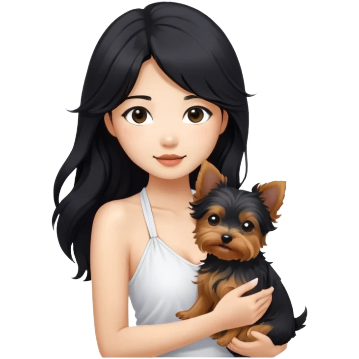 A pretty Asian girl with long, luscious wavy black hair (loose, no hair tie), wearing a white sleeveless halter top. She's holding a Yorkshire Terrier.  emoji