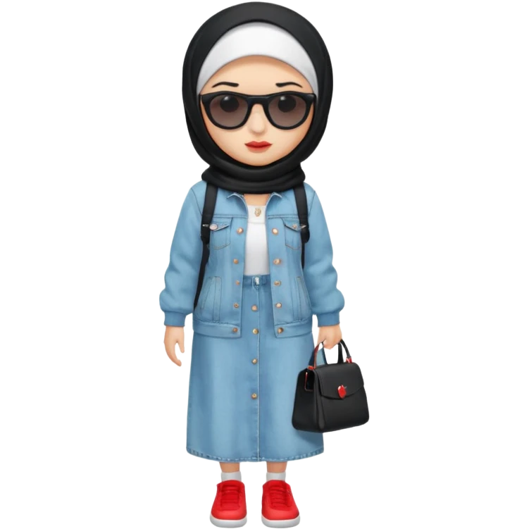 female memoji character, iPhone style, wearing black hijab, white long dress, oversized light blue denim jacket, white socks, black shoes with red detail, black shoulder bag, sunglasses on head, cute expression, no background, transparent PNG emoji
