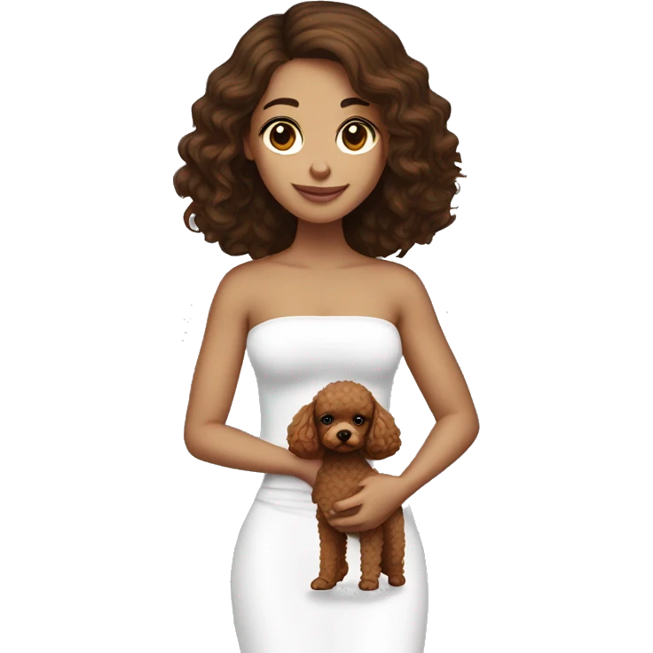 Brunette straight hair girl , in white strapless top holding a brown toy poodle emoji