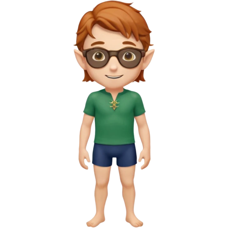 elf male legolas portrait, classic navy swim trunks, timeless wayfarer sunglasses (tortoiseshell), windswept auburn hair, friendly smile, clear pointy ears, no background, centered emoji, iconic summer look emoji