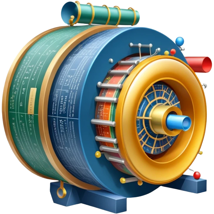 An icon featuring a physics textbook, a large Hadron Collider with particles flying off, symbolizing the study of physics. The design includes atomic models, energy waves, and scientific formulas, representing fundamental physical principles and research. Transparent background. emoji