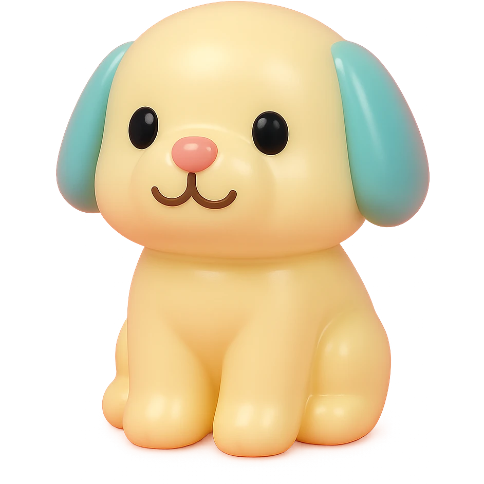              Transform {subject} into a soft vinyl figure with a smooth, glossy surface. The material should look slightly rubbery and tactile, with minimalistic curves and a matte-gloss hybrid finish. Use pastel or soft solid colors. The surface is seamless, with no visible textures or roughness. Studio lighting, vibrant background, clean, playful, designer toy aesthetic and no shadows. {subject} = dog, make sure the mouth has nice outlines emoji