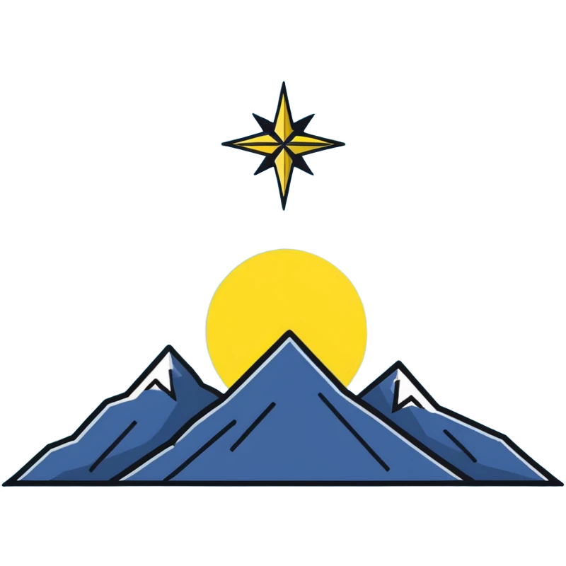 An eight-pointed star with wide wings, colored yellow, featuring a simple mountain silhouette in the center emoji