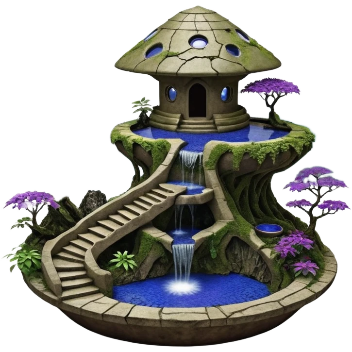 Alien saucer house jungle-vines unevenly precarious stairway fountain mountain-island landscape antique mudman very old broken cracked intricate Stone Age lapis-crusted irregular dodecagon-shaped shallow dark moss rough bark violet serissa flowered maple tree bonsai pot emoji