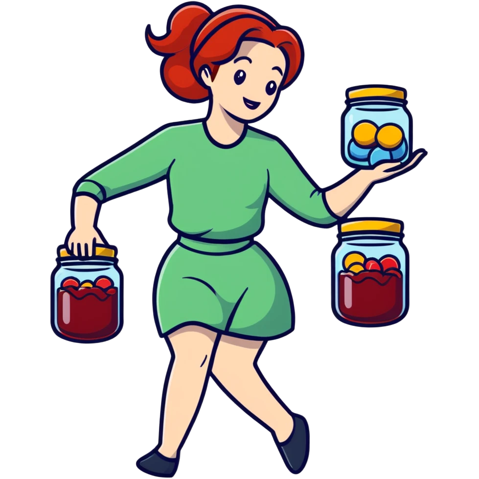 redhead woman juggling with 3 glass jars with jam emoji