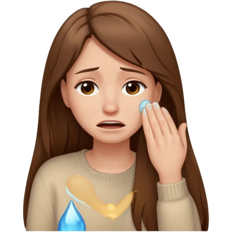 Woman with long brown hair crying, light beige sweater emoji