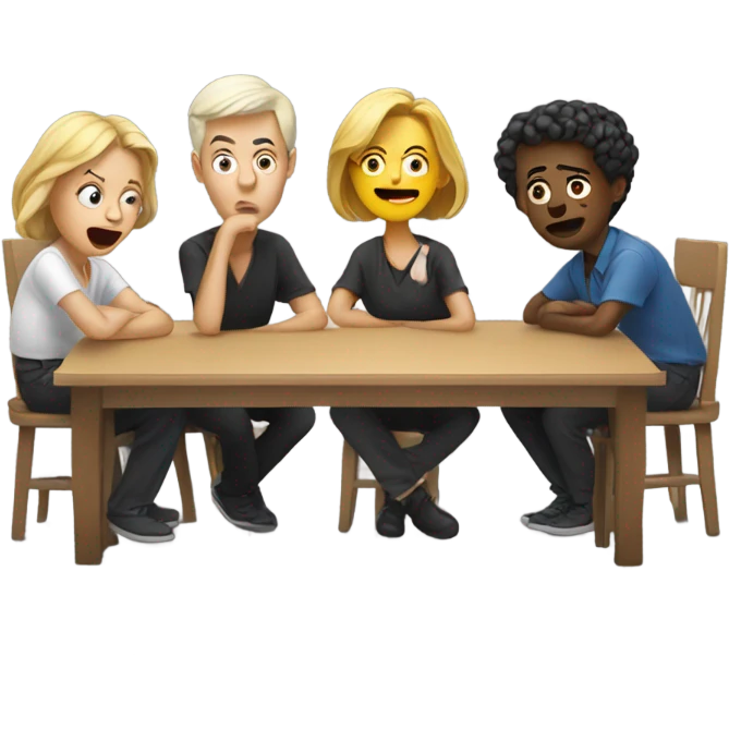 white people sitting around a table looking confused emoji
