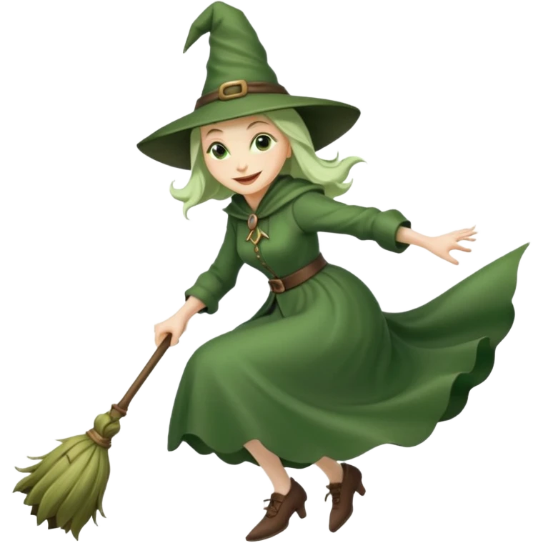 Traditional green old witch flying on a broom emoji emoji