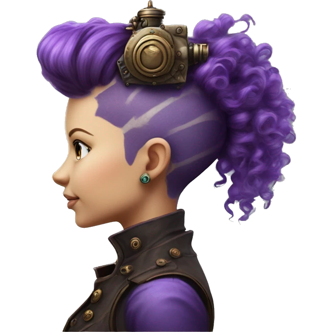 Photorealistic steampunk profile short mohawk purple  curl on Caucasian girl with small nose round face emoji