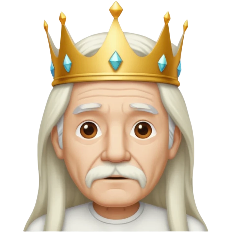 old man with long white hair and no moustache wearing a white shirt and a crown emoji