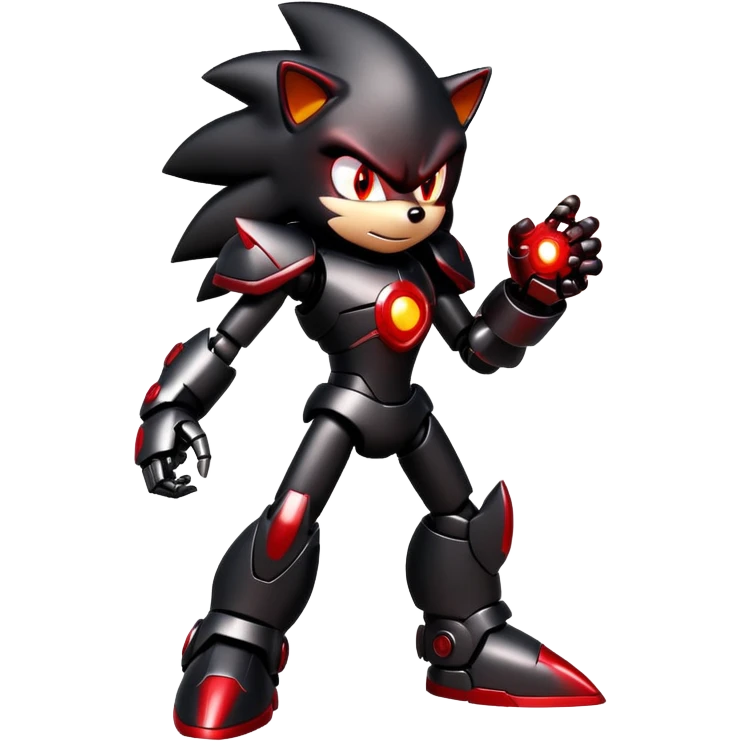Robotic Shadow the Hedgehog with black metallic body, red glowing eyes, red energy streaks, and battle stance emoji