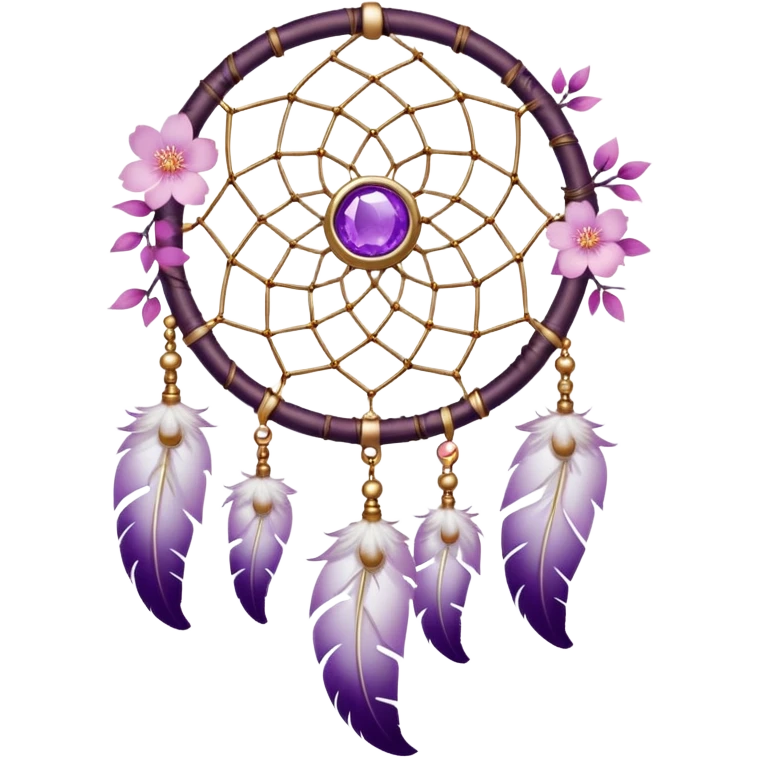 A white Dreamcatcher with purple-round-orb-stones, gold-ring-accents, purple tint flowers, pink sakura flowers, emoji