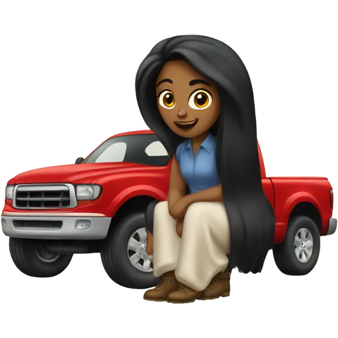 A white lady with long black hair, driving an older red pick up truck emoji