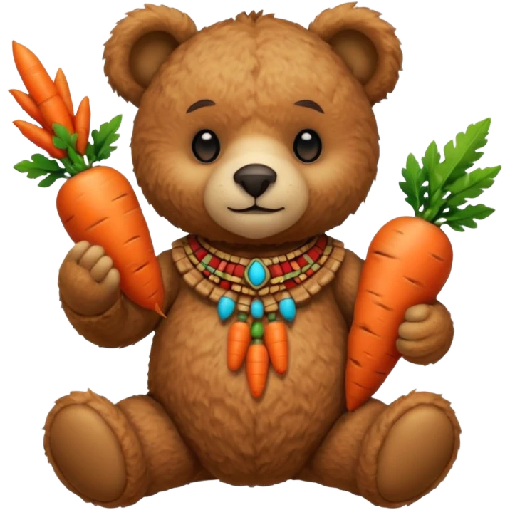 teddy bear Upper, wearing red mayan ancient custome, with carrot half body emoji