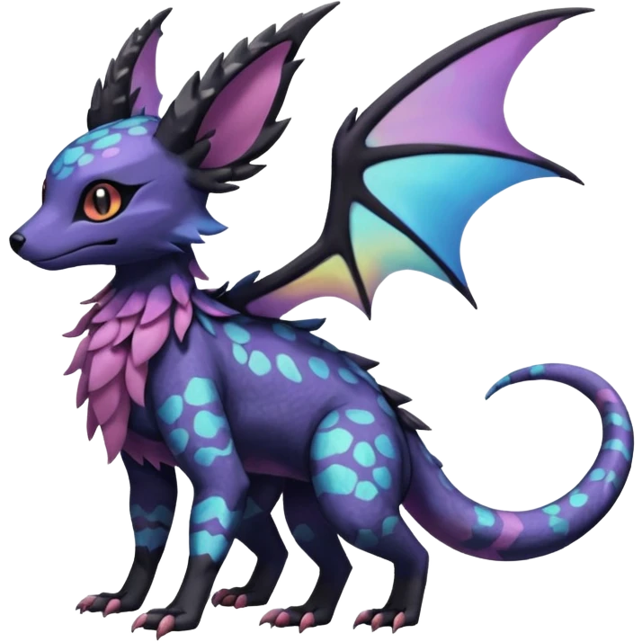 Rare epic aesthetic iridescent spooky gloomy colorful Salandit-Noibat-Eevee-Genet-species-Fakemon-hybrid-creature, with markings, full body emoji