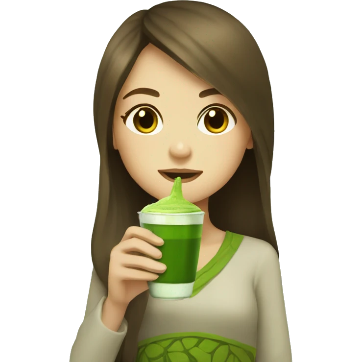 Girl with long brown hair drinking matcha emoji
