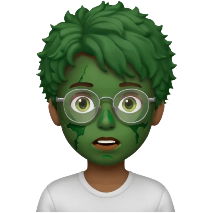 crie a imagem de um garoto com estilo memoji de iOS de pele esverdeada com machucados abertos na boca , cabelos cacheados castanhos e oculos. emoji