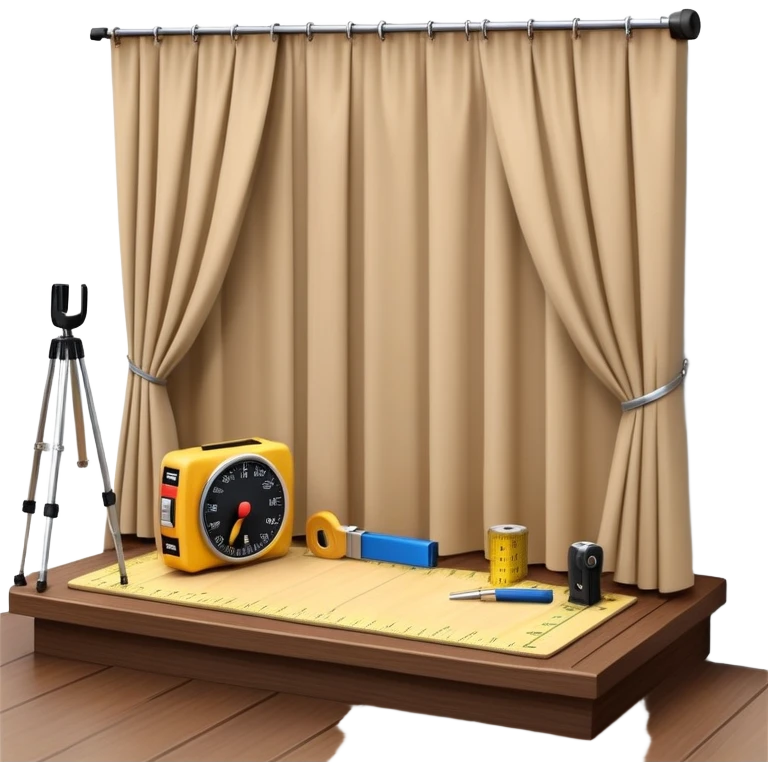 Miniature 3D room model beside a wooden plank, stage curtain, and measuring tape, arranged like a toolkit of visual and spatial design. emoji