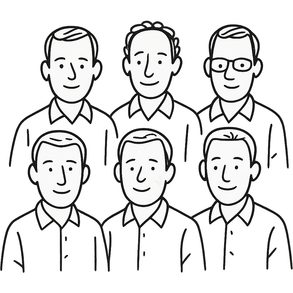 group of 6 men, white skin tone, white shirts, hand-drawn style emoji